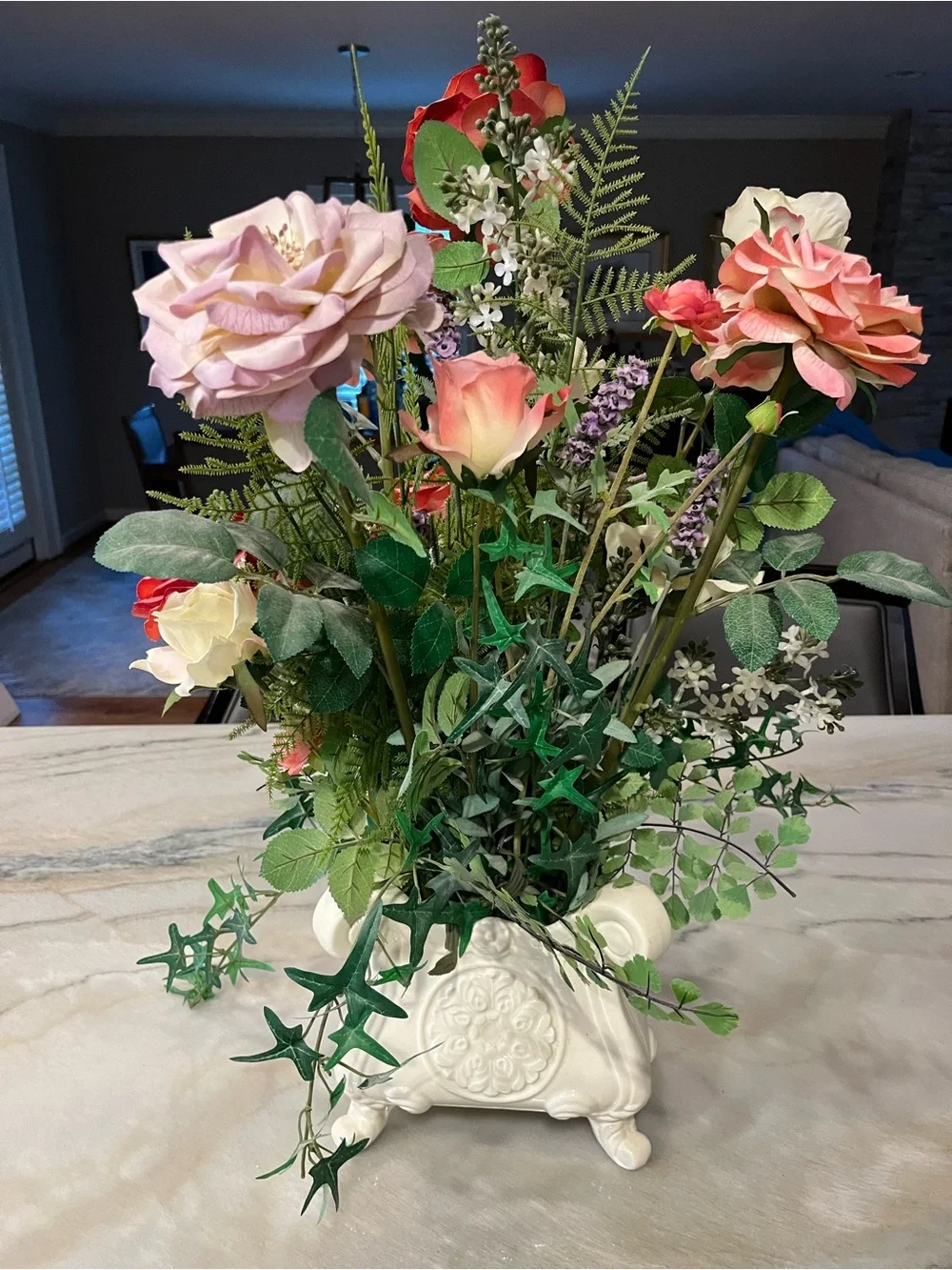 Cream Ceramic Planter with Pink, Cream & mauve silk Roses